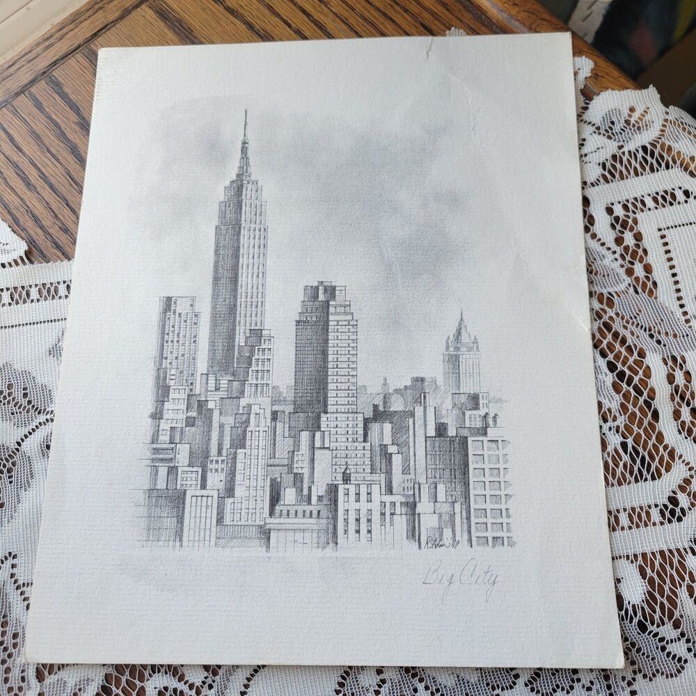 Vtg art print R Adair 69" Big City Sketch Pencil New York The Big Apple Unframed
